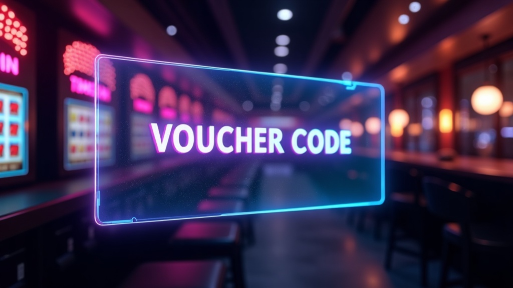 Gutscheincode auf leuchtendem Bildschirm in dunkler Casino-Lounge