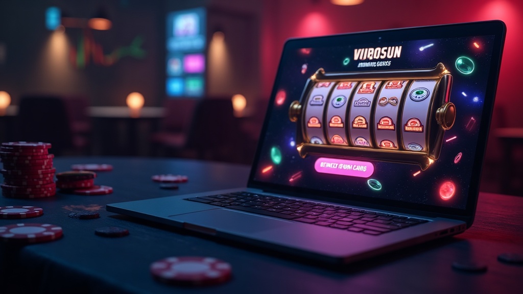 Dunkle Casino-Szene mit Bonuskarte und Slot-Reels für No-Deposit-Aktionen