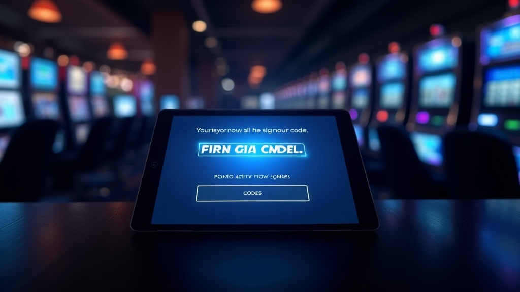 Bonuscode-Feld vor dunkler Casino-Kulisse mit Slotmaschinen